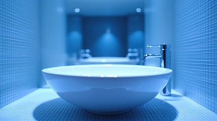 Modern blue bathroom sink with tiled walls and blurred background