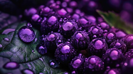Close-up of vibrant, dew-covered purple berries with green leaves