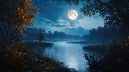 Peaceful moonlit river scene with trees and starry sky