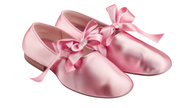 Pink satin ballet shoes with ribbon laces on transparent background