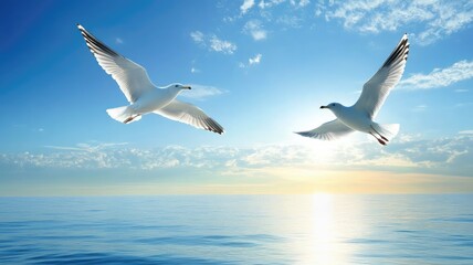 Obraz premium Two seagulls flying over calm ocean under clear sky
