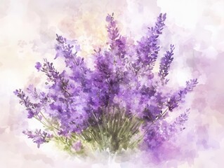 Obraz premium delicate watercolor lavender bouquet, soft purple hues, loose botanical style, ethereal light effects, romantic garden composition