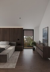 Stylish hotel bedroom interior with bed and armchair, bench on carpet, hardwood floor. Wooden sleep and relax space, nightstand with decoration. Panoramic window on countryside. 3D rendering