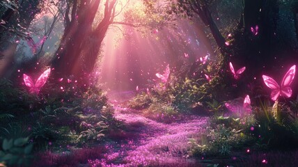 Enchanted forest with glowing pink butterflies under soft, ethereal light