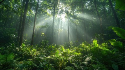 Naklejka premium A serene forest scene with sunlight filtering through dense trees, creating a tranquil atmosphere.