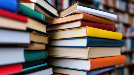 close up stack of colorful books on table, education and reading concept 