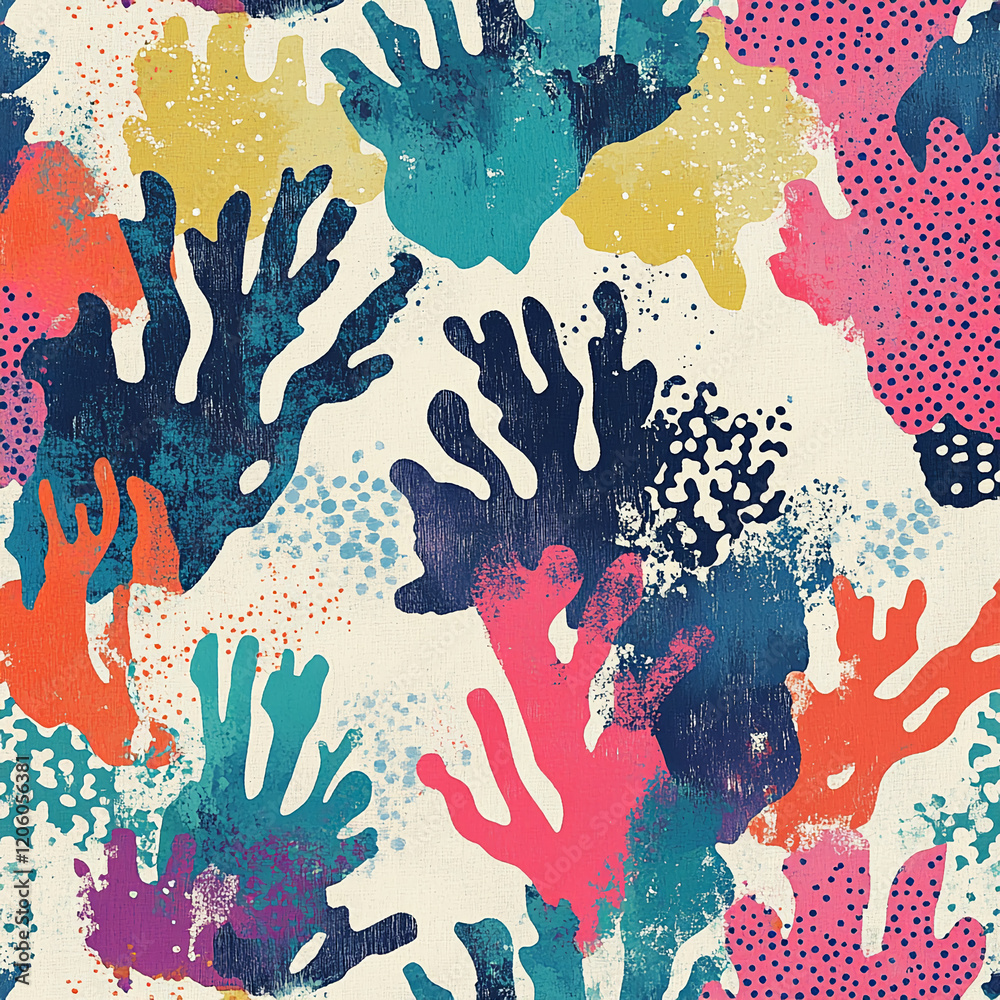 Poster Vibrant abstract design with coral shapes and colorful splashes on a light background