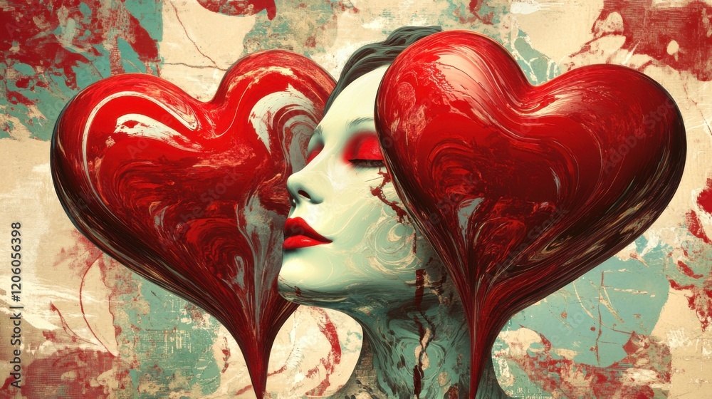 Poster two large red hearts overlapping each other, with one woman's face partially visible inside the hear