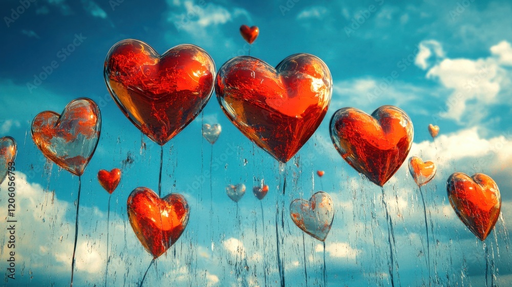 Aufkleber a background of floating red and orange hearts with glass textures against a blue sky. the compositi