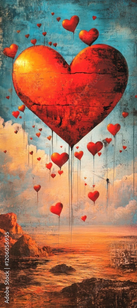 Poster a surreal digital painting of heart shaped balloons floating in the sky, creating a fantasy and drea