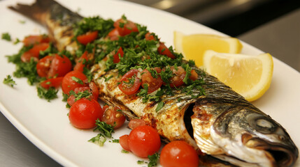 Freshly grilled fish served with a vibrant tomato and herb garnish, perfect for a summer meal