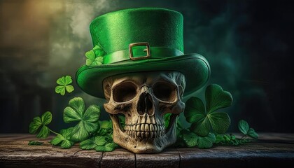 St Patrick's Day skull adorned with a hat and clover putting on the stone tabl