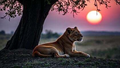 Lioness Resting Under a Tree at Sunset on the Savanna