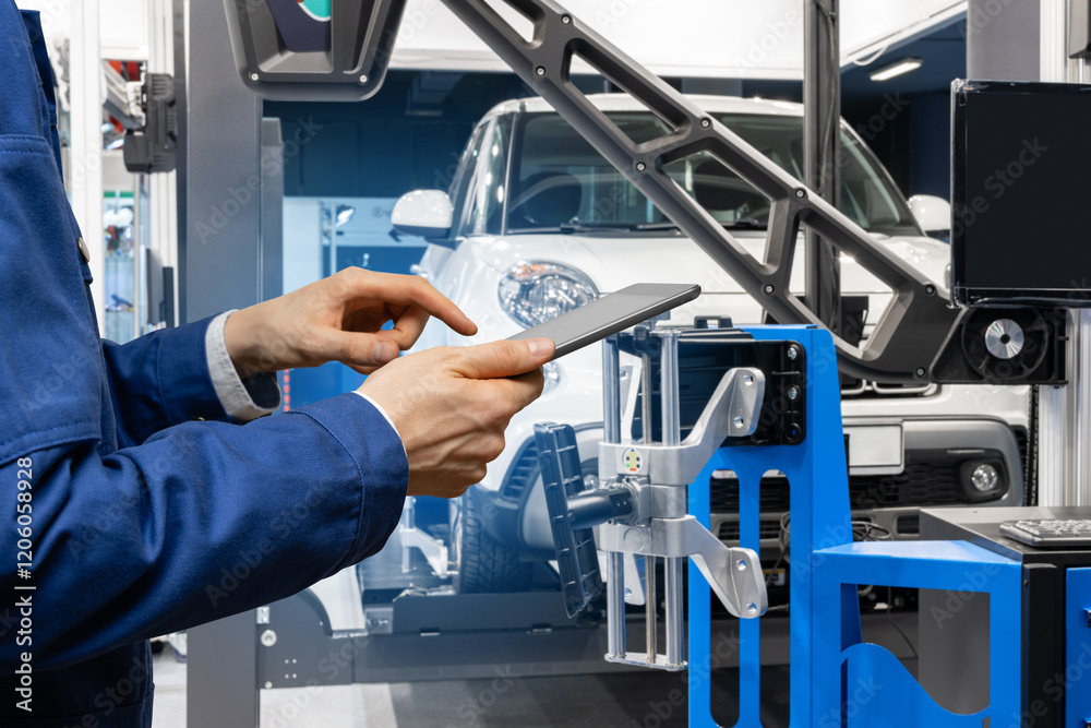 Poster serviceman with digital tablet on the background of the truck in the car service.