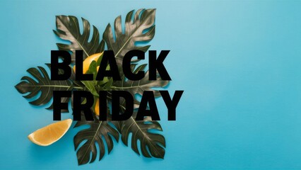 Tropical Style Black Friday Sale Black on Blue background with copy space ai generated