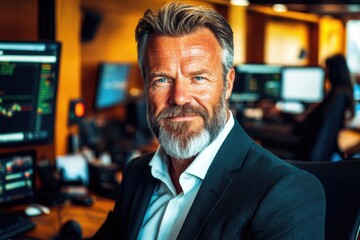 Fototapeta premium Caucasian mature male business professional in office setting with computers