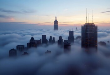 Fototapeta premium City skyline peeking through clouds at dusk