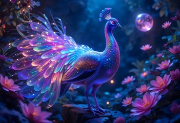 Fototapeta premium Peacock with glowing tail in a fantasy garden
