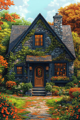 Obraz premium Stone Cottage Autumn Garden Idyllic Scene
