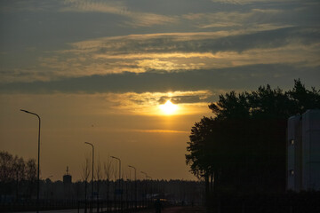 
A sunset in which the sun shines through the clouds, but its lower part is hidden behind the silhouette of a tree.
