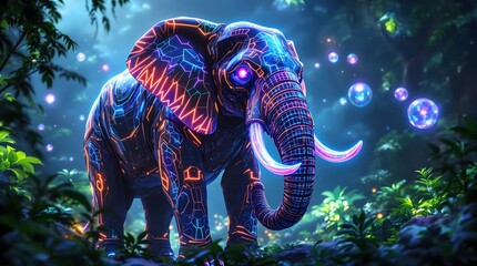Obraz premium Neon elephant in a glowing jungle with bubbles