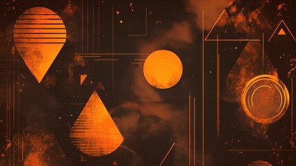 Geometric abstract design featuring warm orange tones and various shapes against a dark textured...