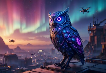 Fototapeta premium Neon owl on a rooftop with aurora borealis