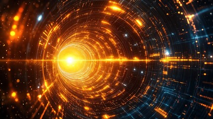 Obraz premium futuristic technology tunnel light glow galaxy space journey, light glow on dark, circuit glitch pattern 