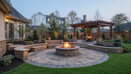 fStunning backyard hardscape featuring a stone patio, fire pit, and pergola, creating a perfect outdoor living space with natural stone accents and a cozy ambianceuu
