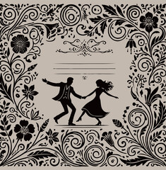 Fototapeta premium Vintage Wedding invitation card with bride and groom. Romantic couple dancing. Wedding Couple. Timeless in vintage baroque frame, couple dancing ballroom dance, wreath of flowers and leaves ornament.