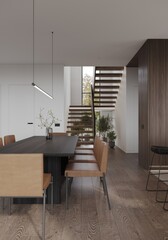 Scandinavian home living room interior with sofa and dining table, shelf and drawer, coffee table...