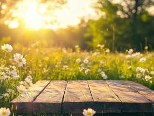 Fototapeta premium spring meadow at golden hour with rustic wooden display platform, bokeh wildflowers, dreamy pastoral atmosphere