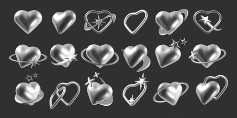 Chrome heart. 3d silver futuristic design, modern stylish star elements as cyber Y2K concept, digital love stickers 90s collection. Holographic liquid romantic symbols. Vector isolated set