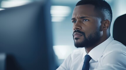 Focused Professional Analyzing Data on Computer Screen in Office Setting