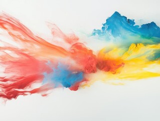 Obraz premium vibrant powder paint explosion creating ethereal rainbow clouds against pure white background, frozen in time with high-speed photography