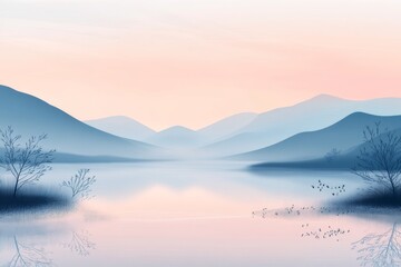 Fototapeta premium A calm river flows through the center with subtle reflections of the surrounding mountains