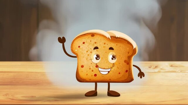 Cartoon toast or piece of bread character waving hands in greetings. Freshly baked bread mascot