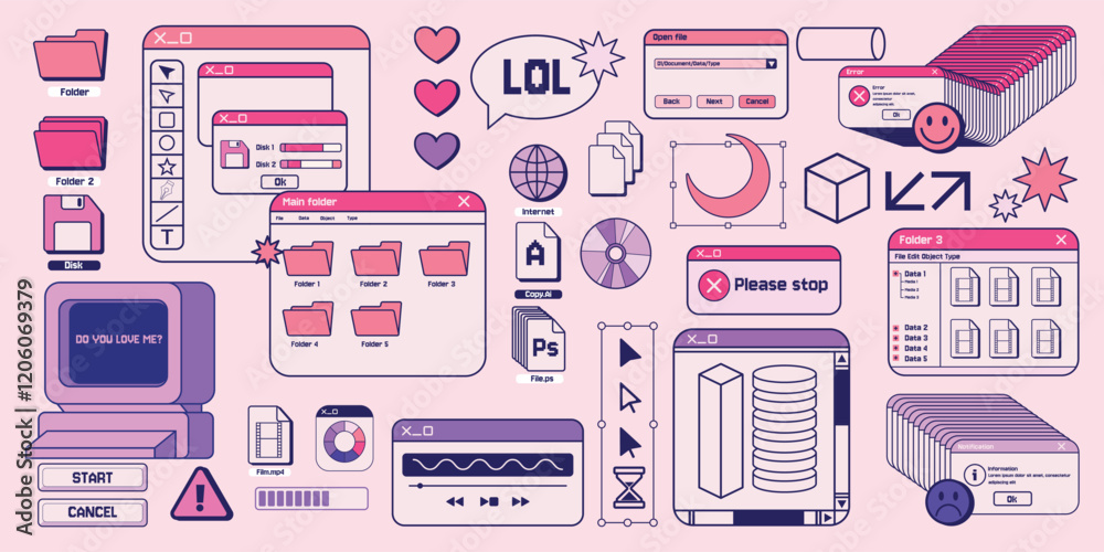Aufkleber Y2k stickers. Retro vaporwave design. 2000s window aesthetic or kitsch psychedelic art. 90s web PC button. Error message. Document folder. Dashboard icons. Vector browser elements set