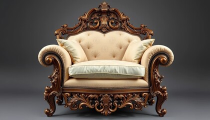  fA stunning, antique, opulent, and majestic baroque-style armchair with intricate carvings and sumptuous cushionsuu-