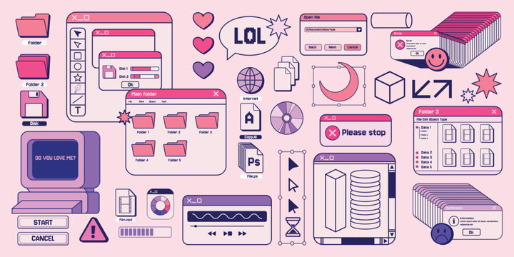Y2k stickers. Retro vaporwave design. 2000s window aesthetic or kitsch psychedelic art. 90s web PC button. Error message. Document folder. Dashboard icons. Vector browser elements set