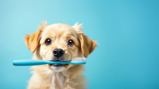 Cute dog holds toothbrush in his mouth.  on light blue background.