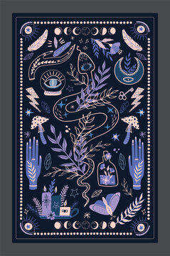 potion tarot cover. Mystic card design. Witch hand, snake and potion. Mushroom and occult crystal. Moon and candles. Poster or print in bohemian style. Cartoon flat isolated vector illustration