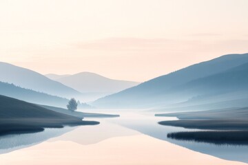 Fototapeta premium A calm river flows through the center with subtle reflections of the surrounding mountains