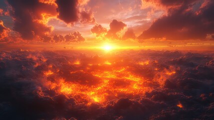 Naklejka premium Breathtaking View of Vibrant Fiery Sunset Sky with Clouds and Bright Orange Glow