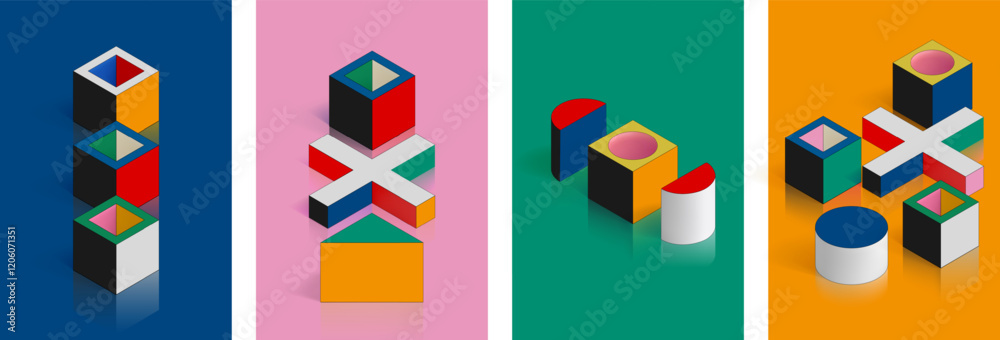 Poster isometric shape. abstract poster design for school. figures stack. geometry cover with flat square o