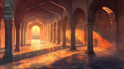 Sunlit Colonnade Leading to Distant Temple