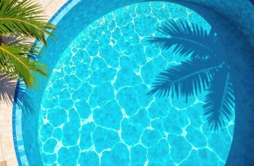 Swimming pool top view background. Water ring and palm shadows
