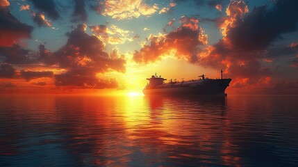 Obraz premium A serene sunset over calm waters with a silhouette of a ship against vibrant clouds.