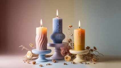 Decorative candles in various colors and textures displayed with dried flowers