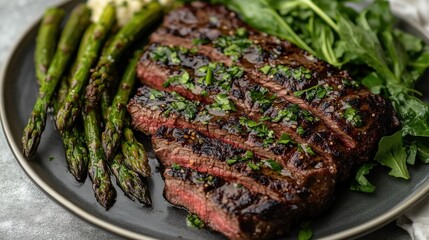 Grilled steak and buttered asparagus on a plate alongside leafy greens, representing a keto diet meal rich in fat and protein